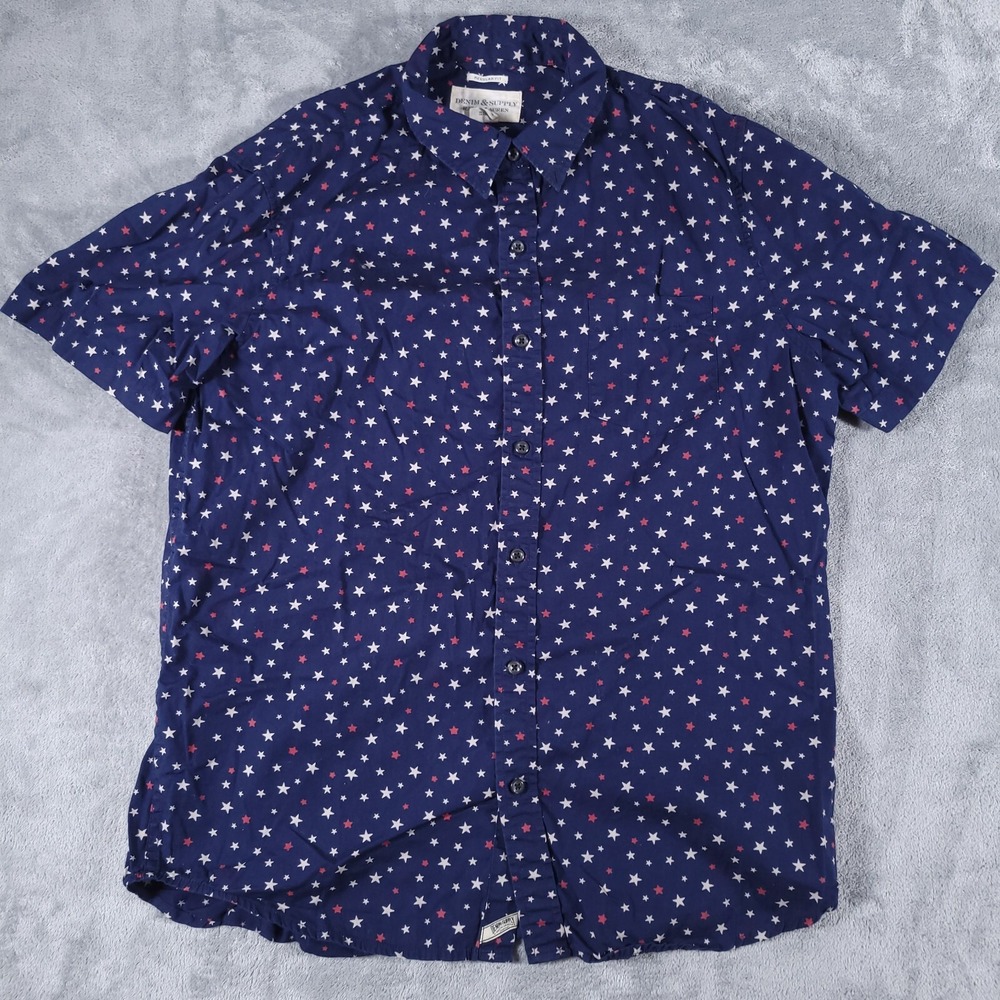Denim & Supply Shirt Mens‎ Large Navy Blue Short Sleeve Stars AOP Ralph Lauren